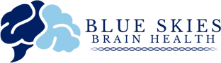 A blue and white logo with the words " blues brained ".